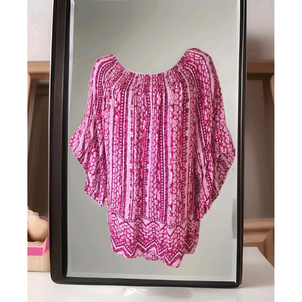 Terra & Sky Popover‎ Top 2X Pink 3/4 Butterfly Sleeve Smocked Neck Boho Festival
